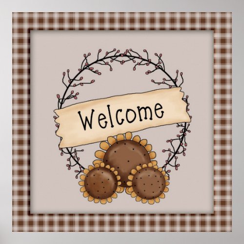 Primitive Country Sunflower Welcome Wreath Poster