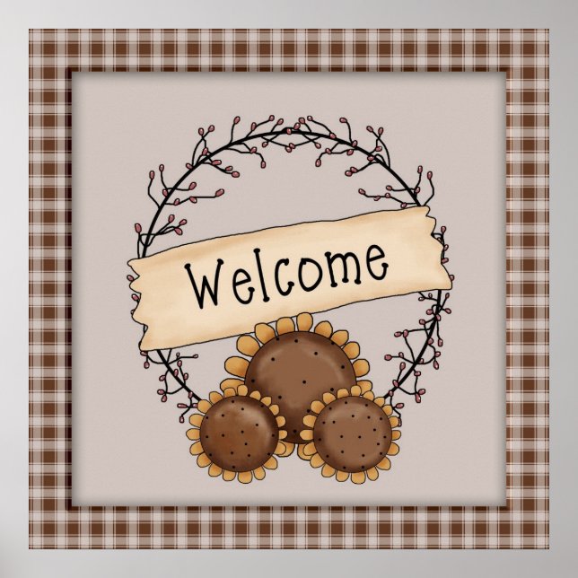 Primitive Country Sunflower Welcome Wreath Poster (Front)