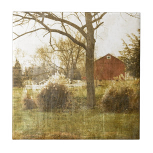 Primitive Country Tree Farm Red Cabin in the woods Ceramic Tile