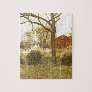 Primitive Country Tree Farm Red Cabin in the woods Jigsaw Puzzle