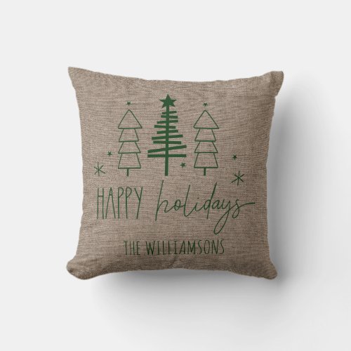 Primitive Country Trees Happy Holidays Family Name Throw Pillow