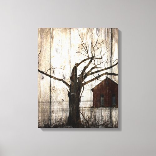 Primitive Country Woodgrain Winter Tree Red Barn Canvas Print