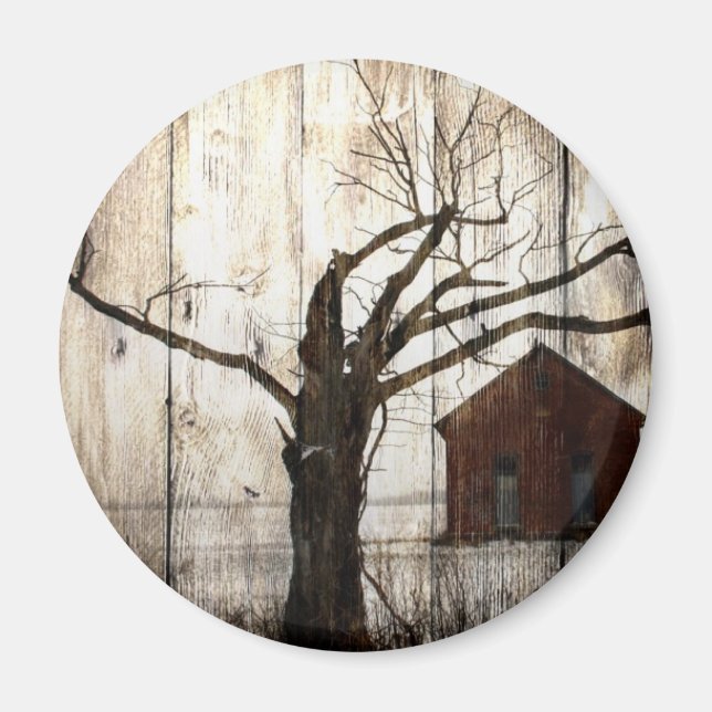 Primitive Country Woodgrain Winter Tree Red Barn Magnet (Front)