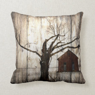 Primitive Country Woodgrain Winter Tree Red Barn Throw Pillow