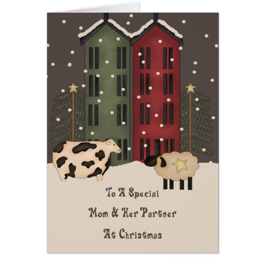 Primitive Cow Sheep Mom & Partner Christmas Card
