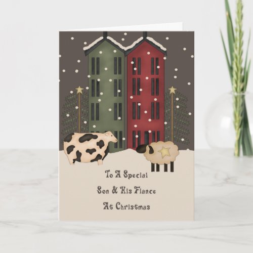 Primitive Cow Sheep Son  Fiance Christmas Holiday Card