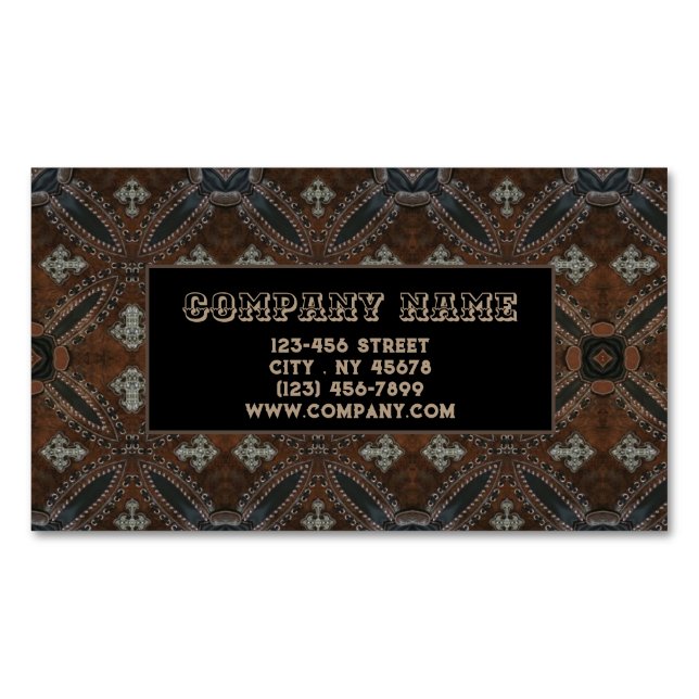 Primitive cowboy western country Tooled Leather Business Card Magnet (Front)