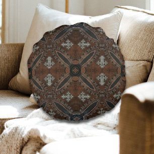 Primitive cowboy western country Tooled Leather Round Pillow