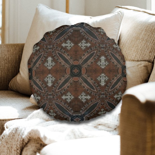 Primitive cowboy western country Tooled Leather Round Pillow (Primitive cowboy western country Tooled Leather Round Pillow)