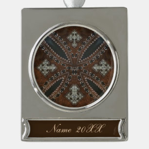 Primitive cowboy western country Tooled Leather Silver Plated Banner Ornament