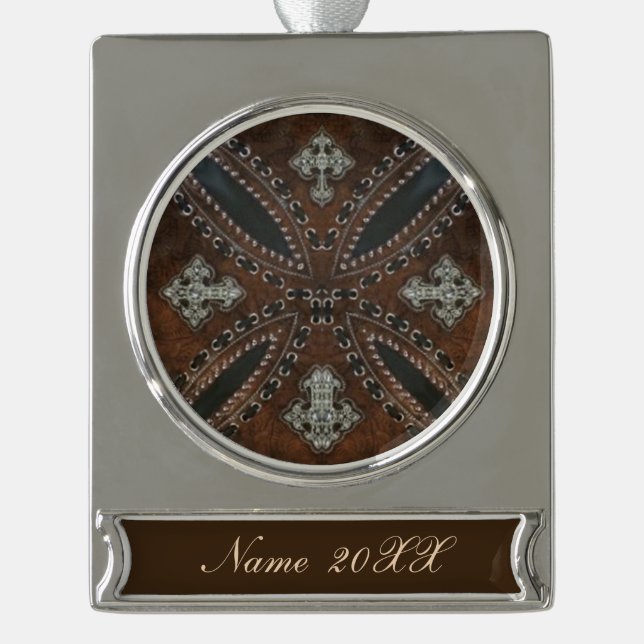 Primitive cowboy western country Tooled Leather Silver Plated Banner Ornament (Front)