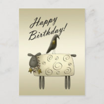 Primitive Crow and Sheep Birthday Postcard