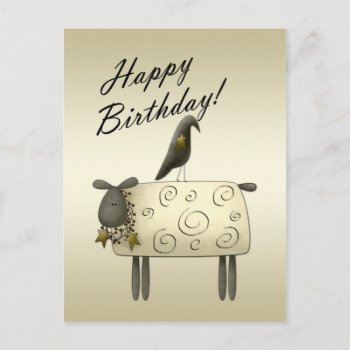 Primitive Crow And Sheep Birthday Postcard by dmboyce at Zazzle