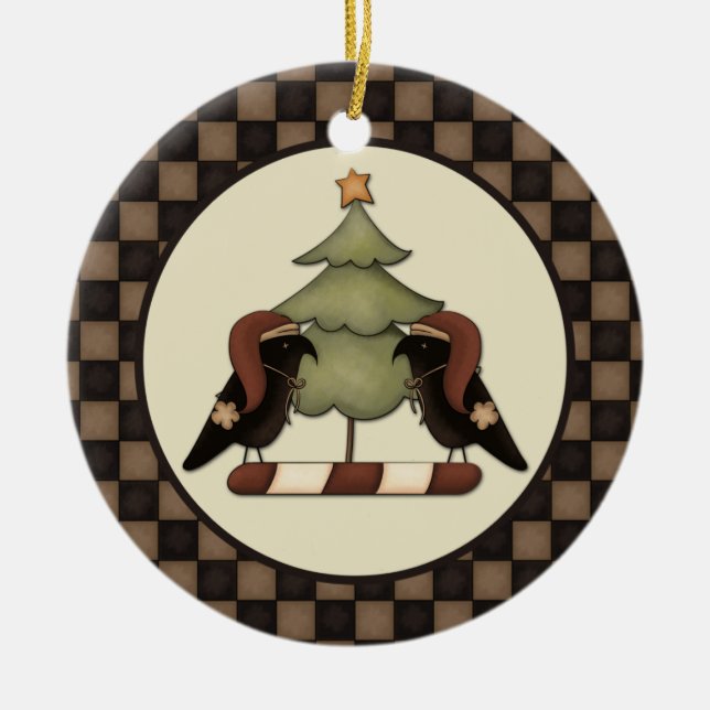 Primitive Crows and Tree From Our House To Yours Ceramic Ornament (Front)