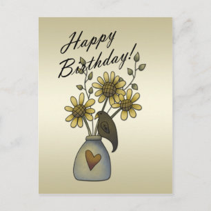 Primitive Crows Sunflowers Birthday Postcard