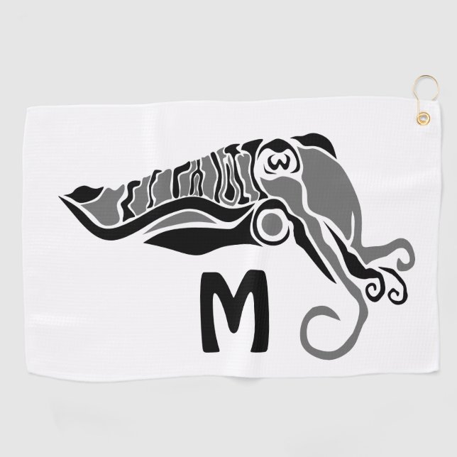 Primitive Cuttlefish in a Dark Stencil Style Golf Towel (Horizontal)
