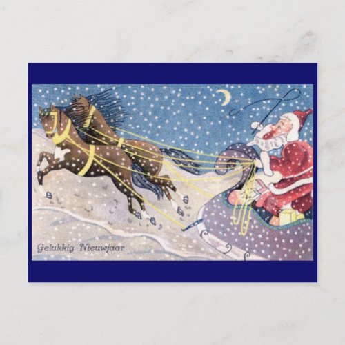 Primitive Dutch Santa Sleigh Holiday Postcard