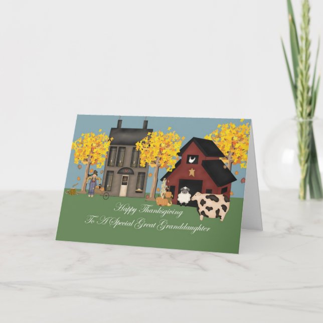 Primitive Farm Great Granddaughter Thanksgiving Holiday Card (Front)