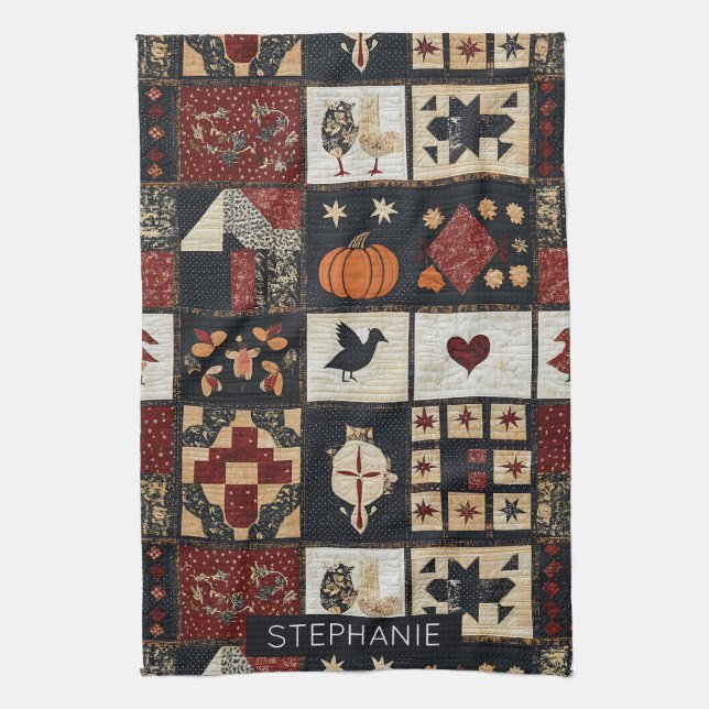 Primitive Farmhouse Appliqué & Geometric Kitchen Towel (Vertical)