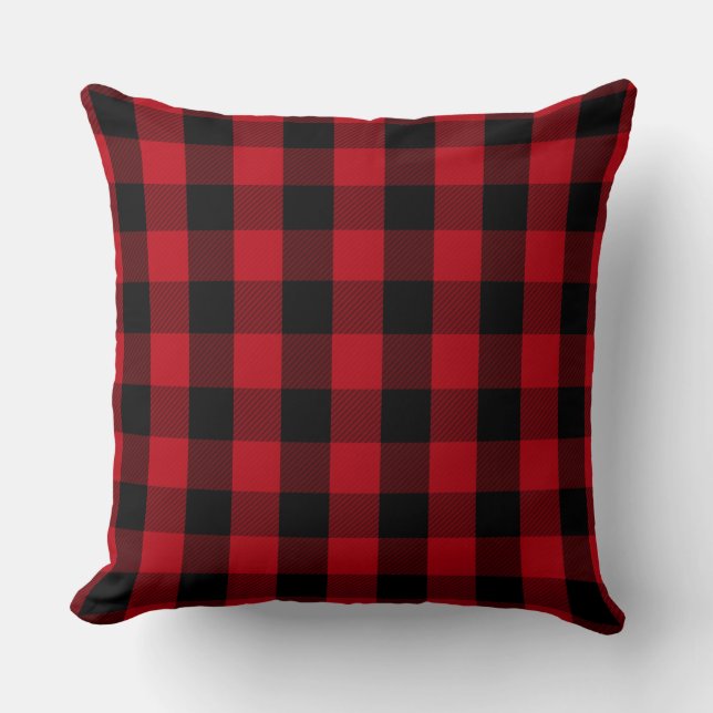 Primitive Farmhouse Rustic Cabin Red Black Check Throw Pillow (Front)