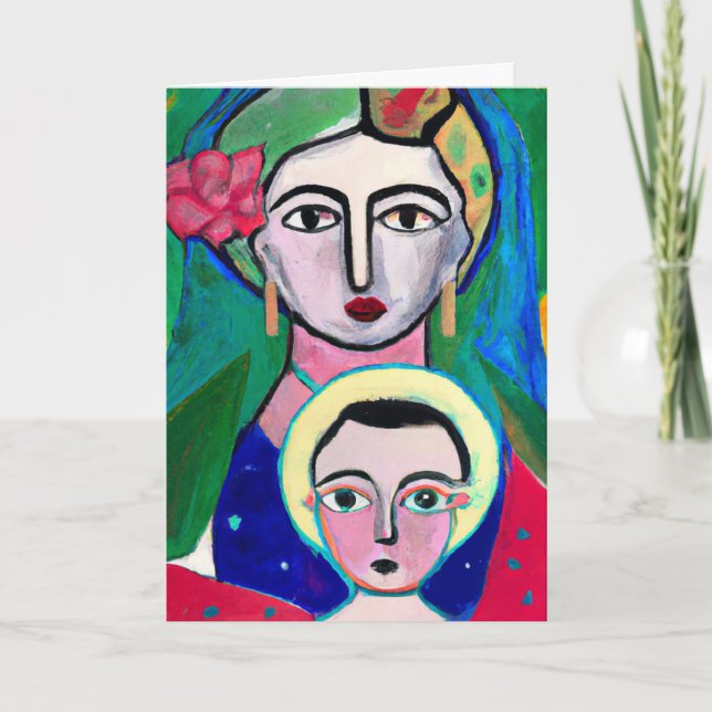 Primitive Folk Art Madonna and Child Christmas Holiday Card (Front)