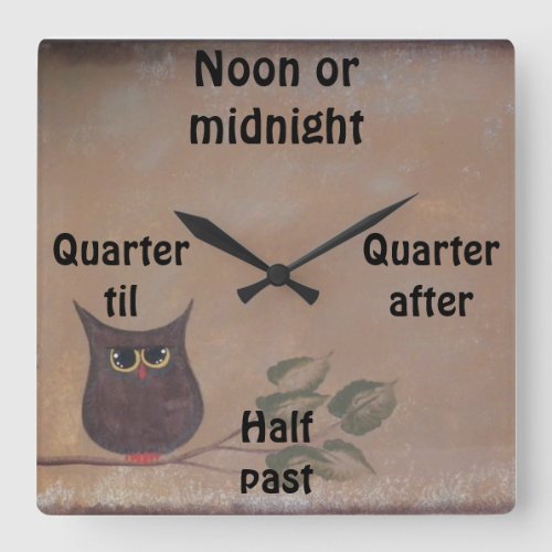 Primitive Folk Art Owl Acrylic Painting Square Wall Clock