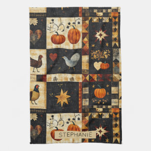 Primitive Folk Art Quilt Pattern   Rustic Autumn Kitchen Towel