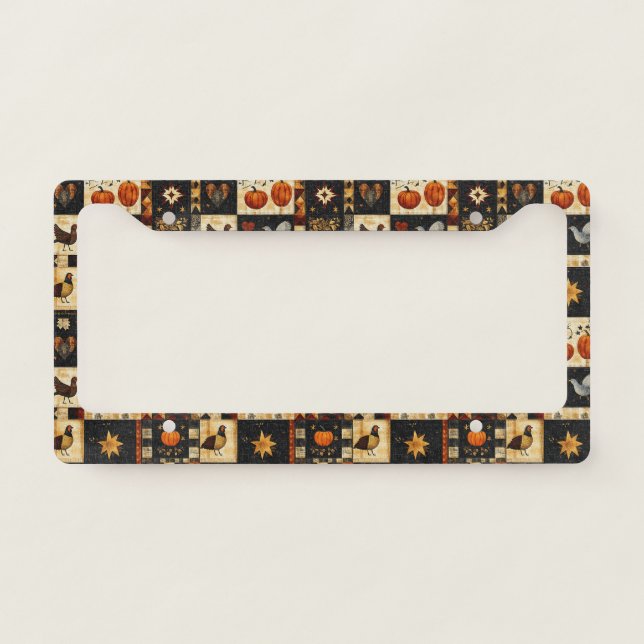 Primitive Folk Art Quilt Pattern | Rustic Autumn License Plate Frame (Front)