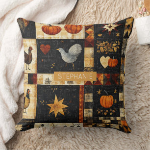 Primitive Folk Art Quilt Pattern Rustic Autumn Throw Pillow