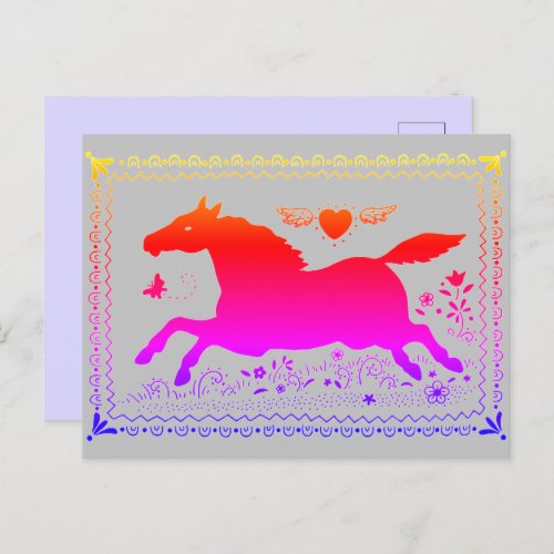 PRIMITIVE FOLK ART RUNNING HORSE EQUINE SILHOUETTE POSTCARD