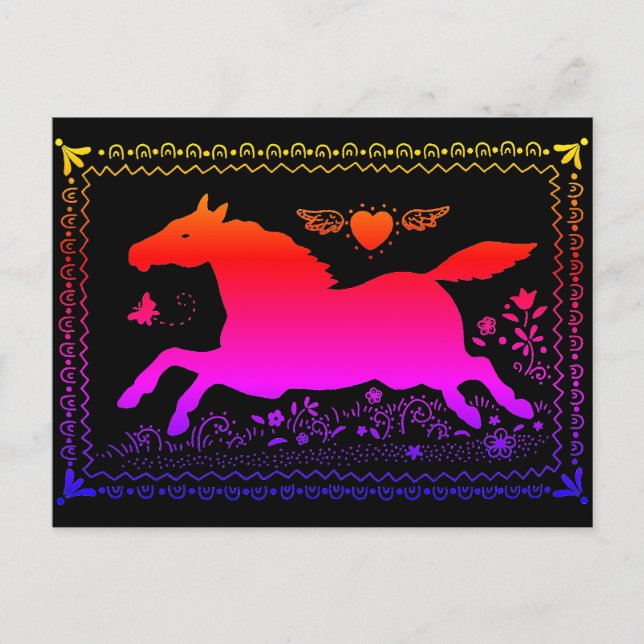 PRIMITIVE FOLK ART RUNNING HORSE EQUINE SILHOUETTE POSTCARD (Front)