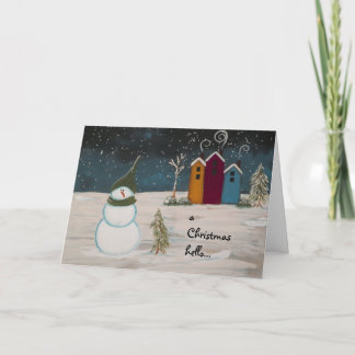 Primitive Folk Art Snowman and Colorful Houses Holiday Card