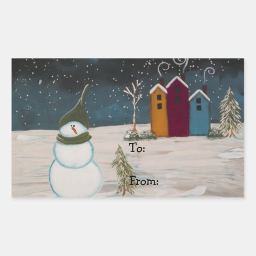 Primitive Folk Art Snowman Snow Scene Rectangular Sticker