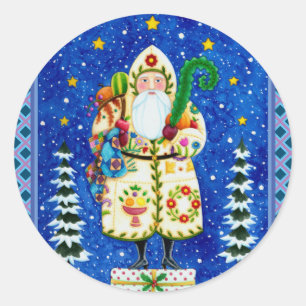 PRIMITIVE FOLKART BALTIMORE QUILT FATHER CHRISTMAS CLASSIC ROUND STICKER