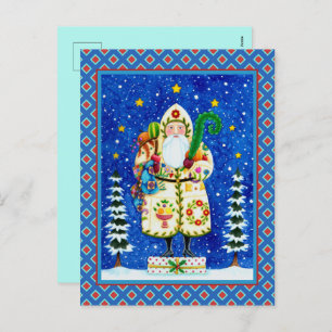 PRIMITIVE FOLKART BALTIMORE QUILT FATHER CHRISTMAS HOLIDAY POSTCARD