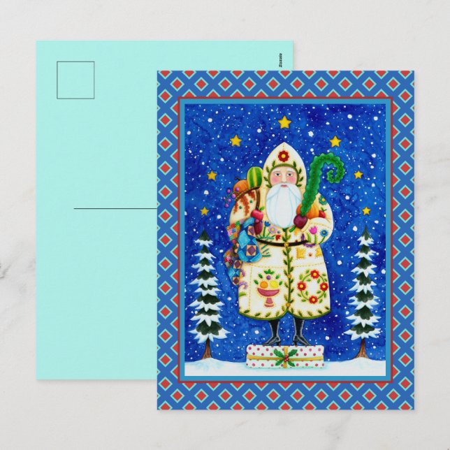 PRIMITIVE FOLKART BALTIMORE QUILT FATHER CHRISTMAS HOLIDAY POSTCARD (Front/Back)