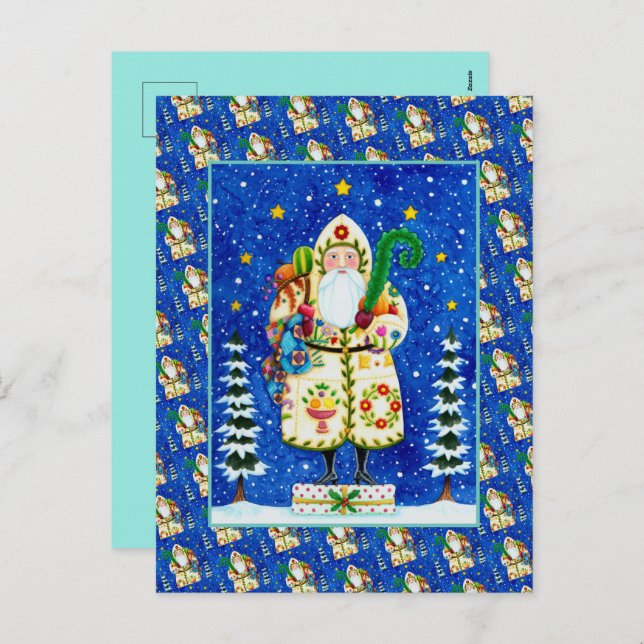 PRIMITIVE FOLKART BALTIMORE QUILT FATHER CHRISTMAS HOLIDAY POSTCARD (Front/Back)