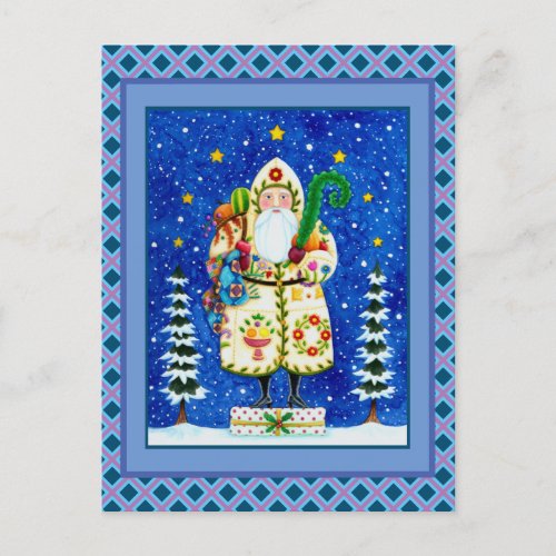 PRIMITIVE FOLKART BALTIMORE QUILT FATHER CHRISTMAS HOLIDAY POSTCARD