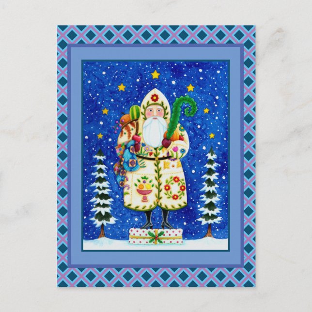 PRIMITIVE FOLKART BALTIMORE QUILT FATHER CHRISTMAS HOLIDAY POSTCARD (Front)