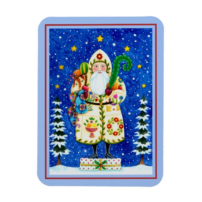 PRIMITIVE FOLKART BALTIMORE QUILT FATHER CHRISTMAS MAGNET (Vertical)
