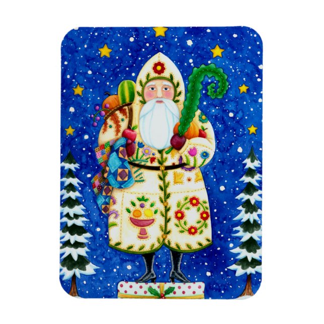 PRIMITIVE FOLKART BALTIMORE QUILT FATHER CHRISTMAS MAGNET (Vertical)
