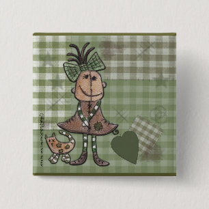 Primitive Girl and Cats Pinback Button