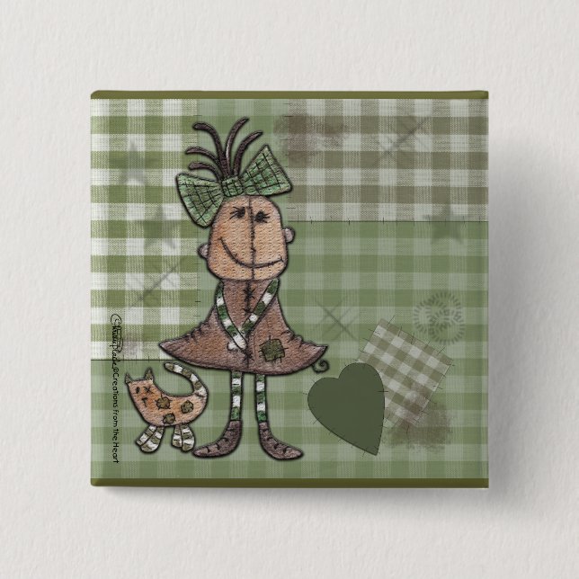 Primitive Girl and Cats Pinback Button (Front)