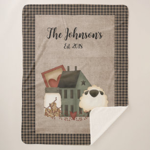 Primitive Green Saltbox Home With Sheep Sherpa Blanket