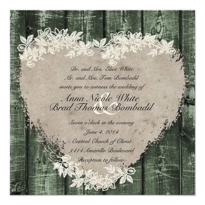 Primitive Green Wood Heart Wedding Invitation