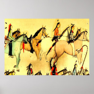 Primitive Indians Horses Vintage Folk Art Drawing Poster