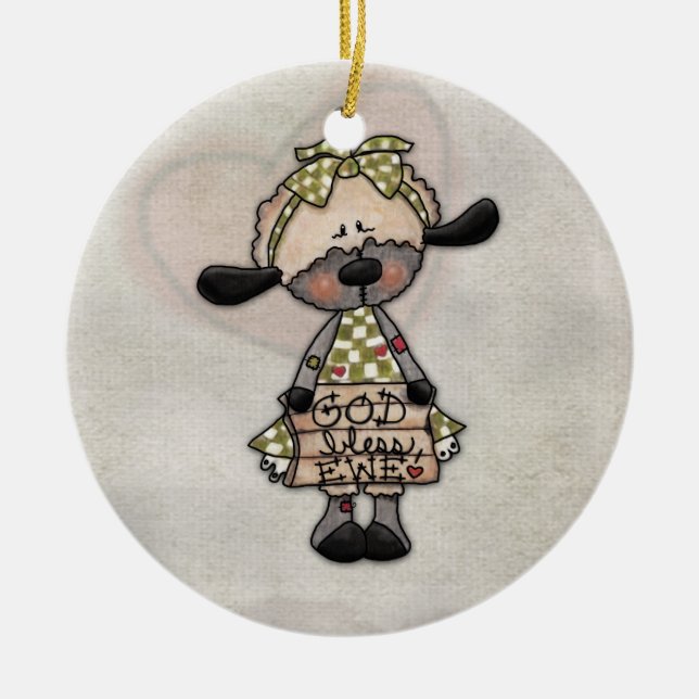 Primitive Lamb-God Bless Ewe Ceramic Ornament (Front)
