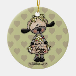 Primitive Lamb-God Bless Ewe Ceramic Ornament