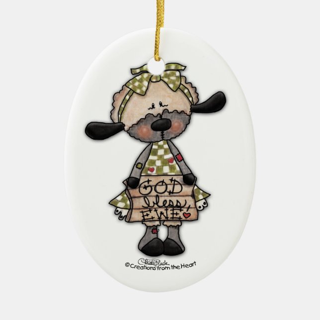 Primitive Lamb-God Bless Ewe Ceramic Ornament (Front)