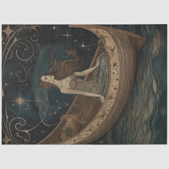 Primitive Mermaid In A Boat Painting Decoupage Tissue Paper (Front)
